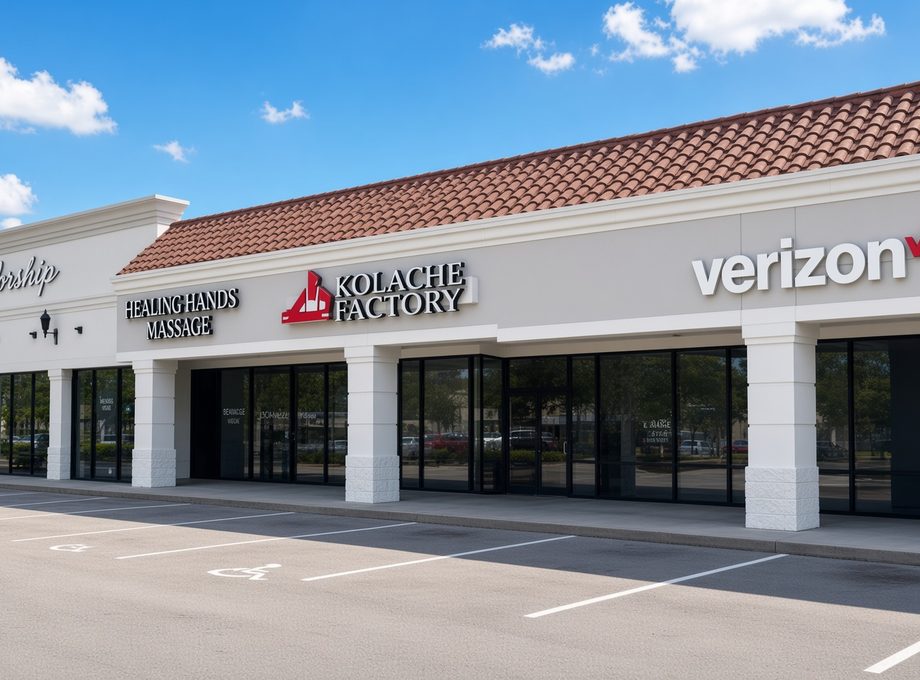 Plaza Center strip retail with tile roof and parking